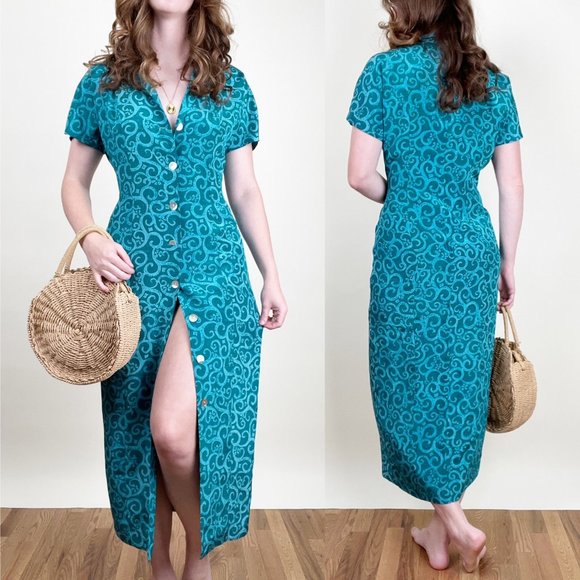 Vintage Dresses & Skirts - Vintage 100% Silk Button Down Midi Maxi Dress Coastal Casual Tropical Slit Print